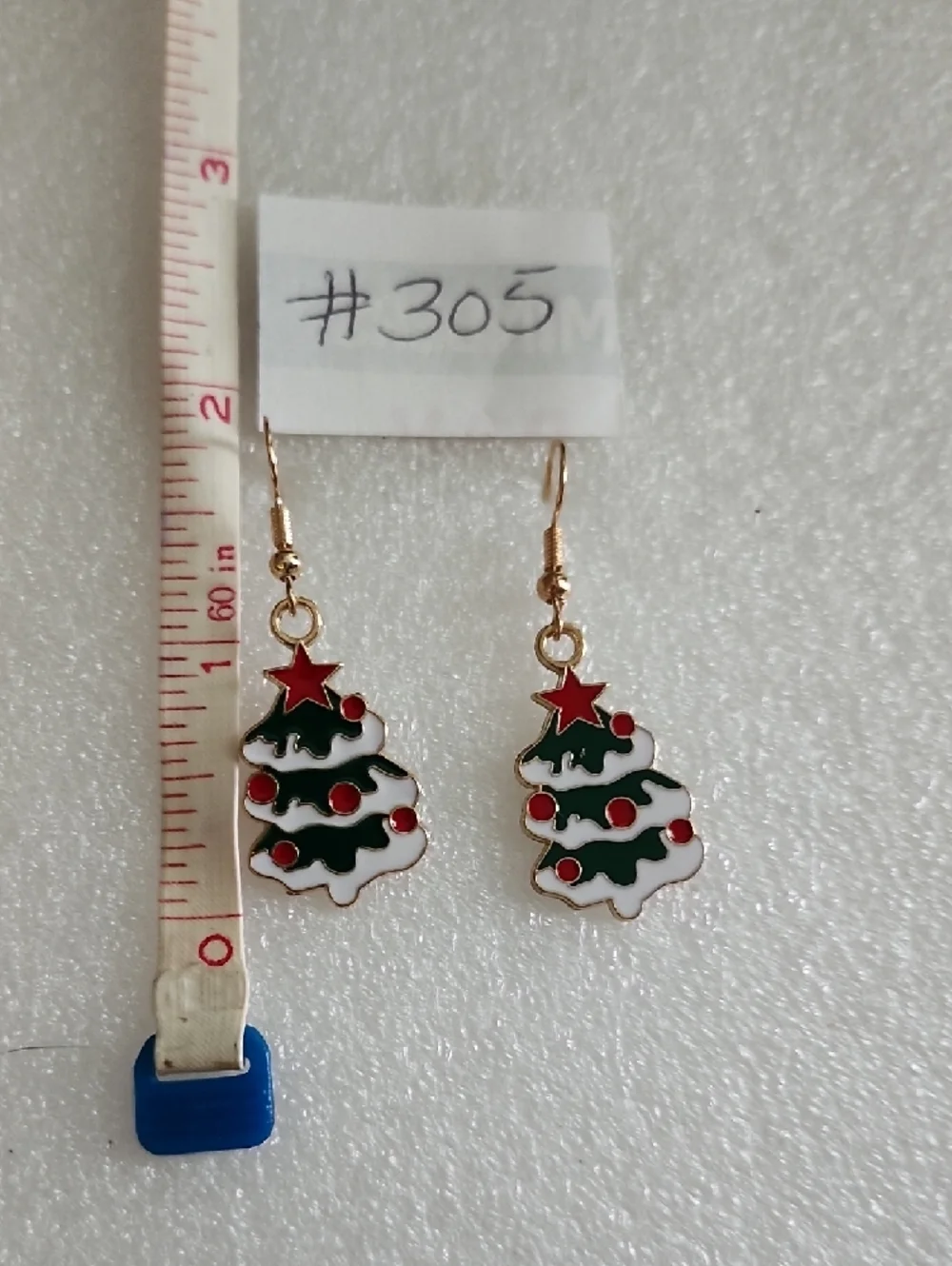 Hand Crafted Green and White Christmas Tree Earrings with Red Accents